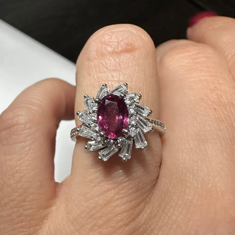 Genuine 1ct‎ rhodalite garnet, CZ diamonds all set in solid .925 ring!